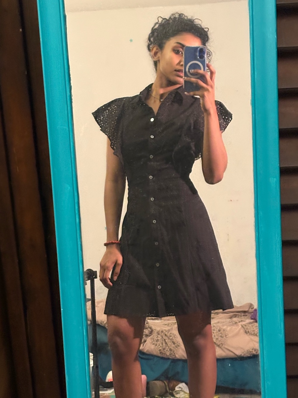 Theory Black Eyelet Cap-Sleeve Button Dress